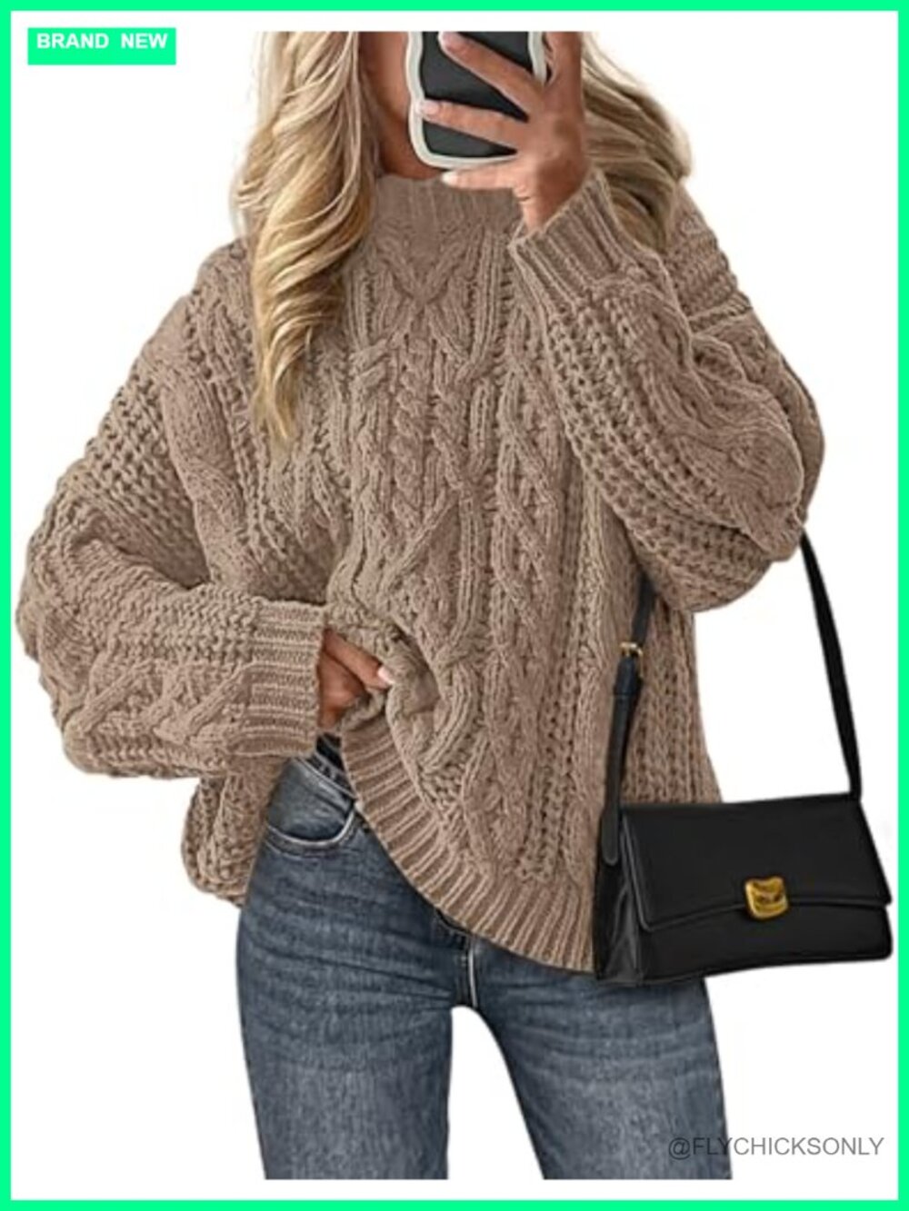 Oversized Cable Knit Sweater Chunky Pullover Crew Neck